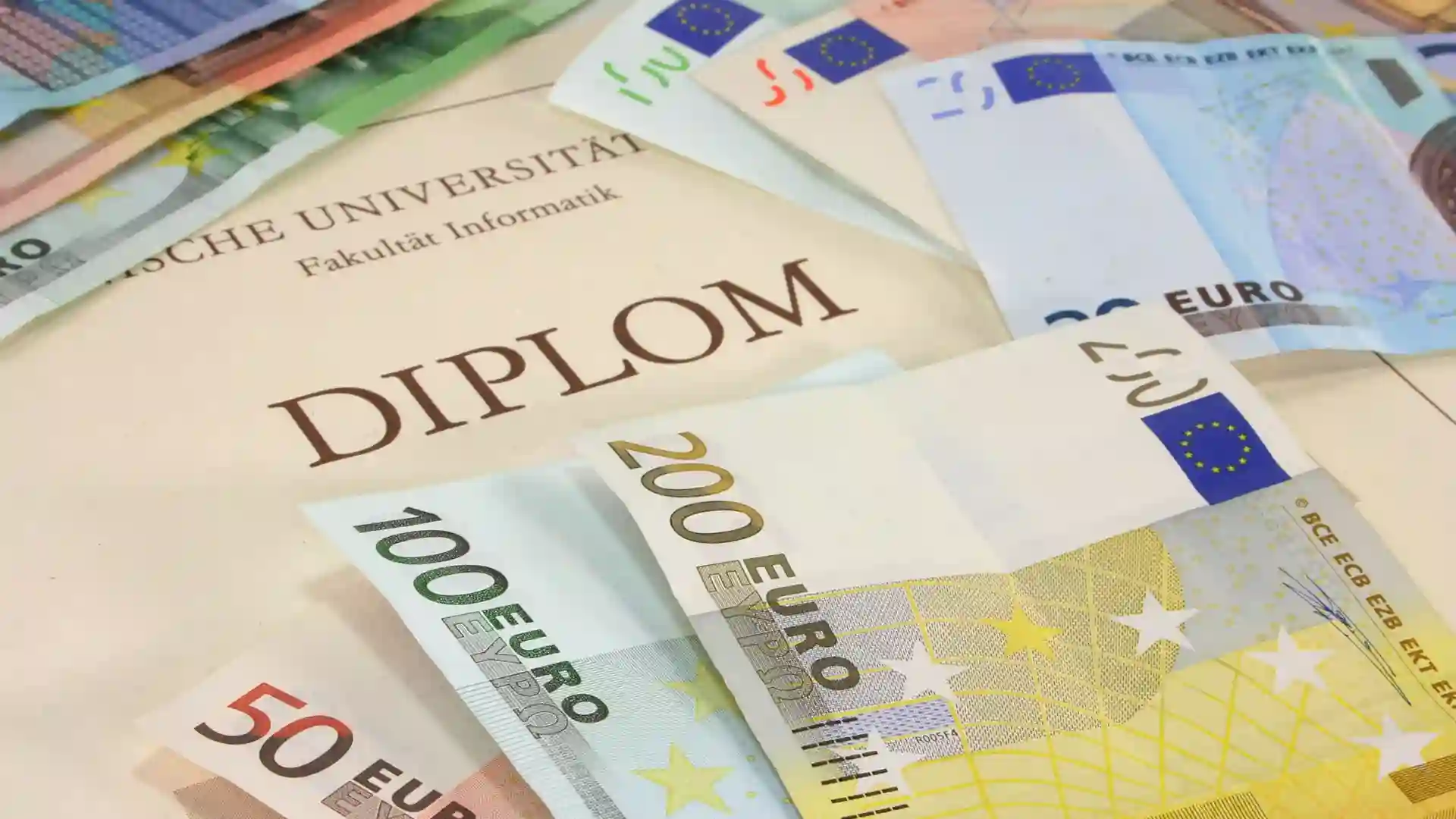 Diploma and euro banknotes.