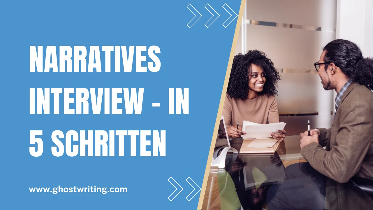 Afroamerikanische Frau bei einem Geschäftstreffen mit einem Mann und die Aufschrift Narratives Interview In 5 Schritten.